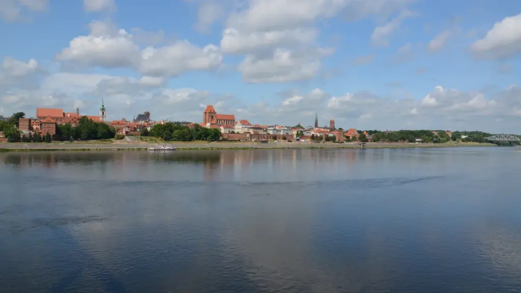 Widok na panoramę Torunia z rzeką Wisłą w słoneczny dzień