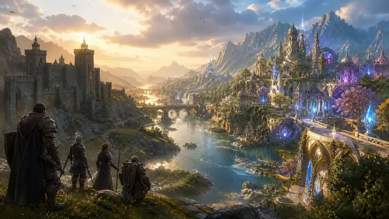 Oryginalna ilustracja świata fantasy MMORPG do poradnika wyboru serwera