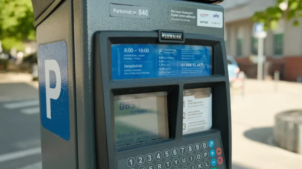 Parkomat przy ulicy w Polsce, miejsce gdzie mogą pojawiać się fałszywe kody QR.